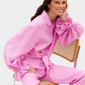 SLEEPER Rumba Pink Linen Tie Front Top with Ruffle Bubble Sleeves Sz L